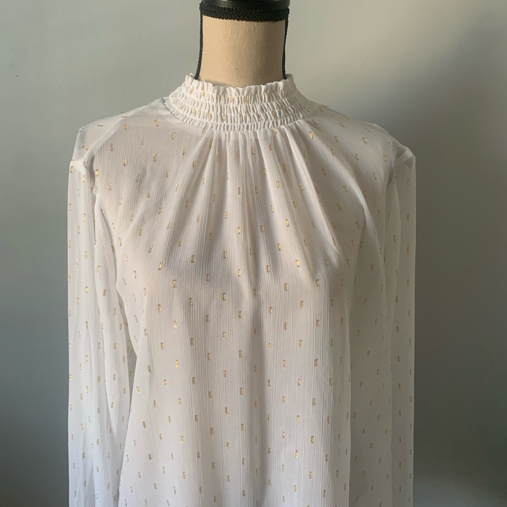 Express - Long Sleeve Sheer Blouse - Shirred Mock Neck-Shirred Cuffs-Off white